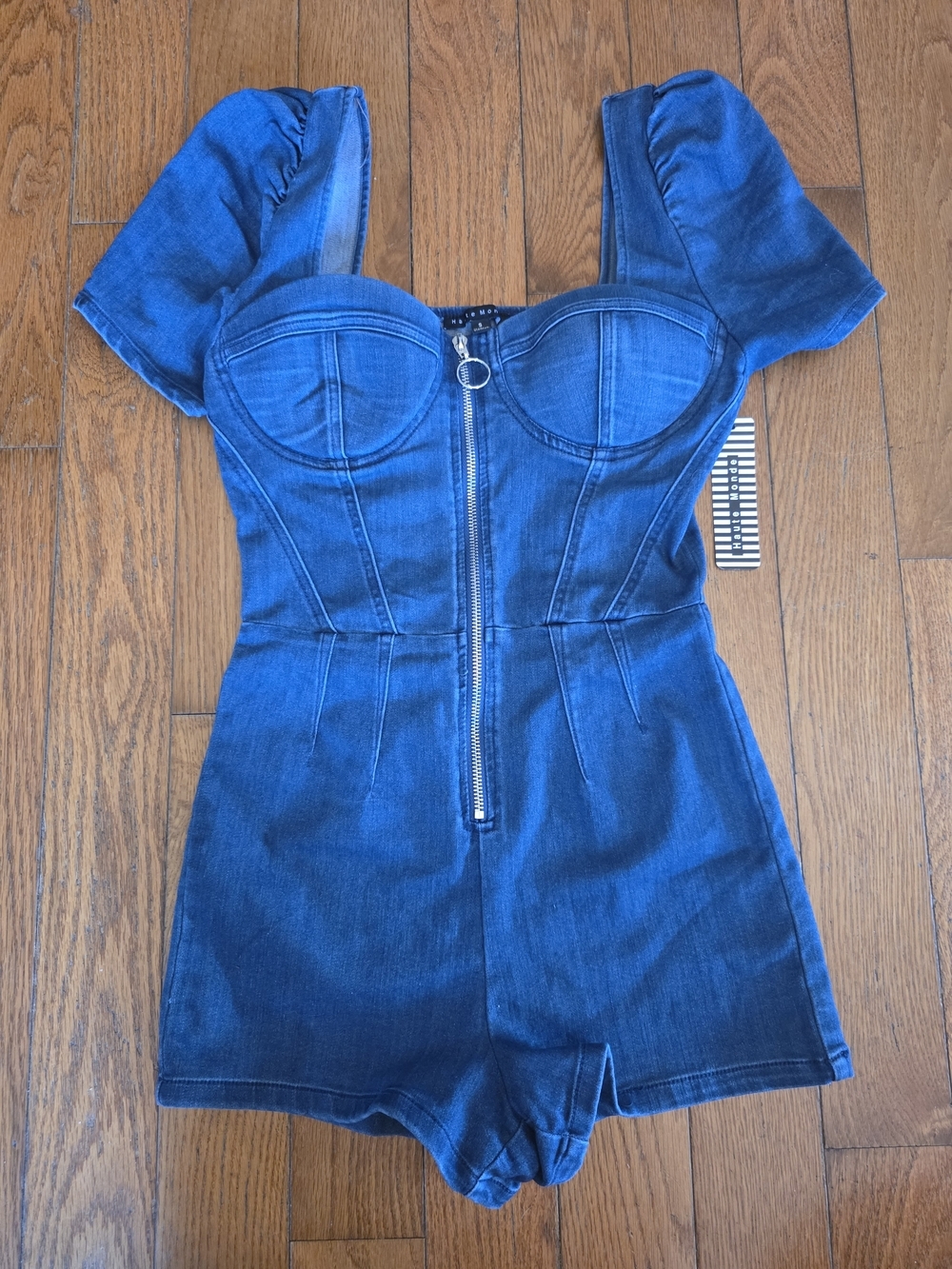 Haute Monde Denim Blue Puff Sleeve Romper with Front Zip